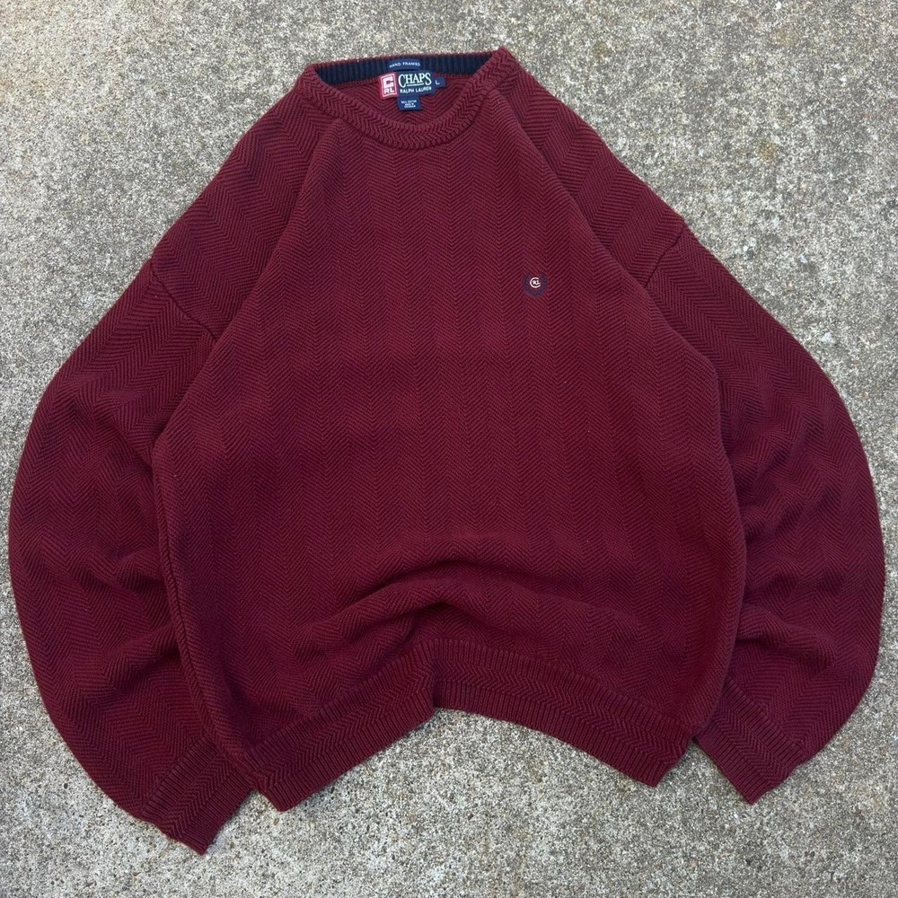 Vintage 90s Chaps Ralph Lauren Textured Knit Crewneck Sweater Burgundy L (g5b) - Picture 3 of 7